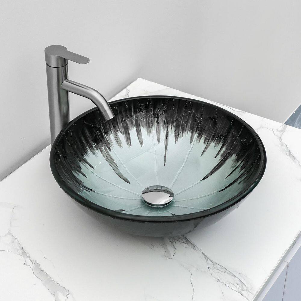 16-1/2 in. Tempered Glass Blue Round Bathroom Vessel Sink with Chrome Drain price history on PriceWatchPro