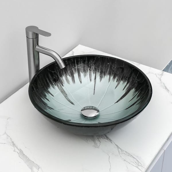 16-1/2 in. Tempered Glass Blue Round Bathroom Vessel Sink with Chrome Drain