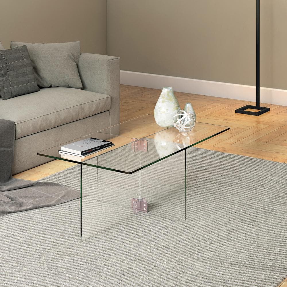 Elegant 42'' Clear Glass Rectangular Coffee Table with Steel Base
