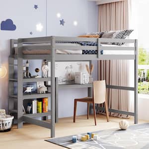 Gray Full Size Wood Loft Bed with Ladder, Shelves, Desk and Writing Board