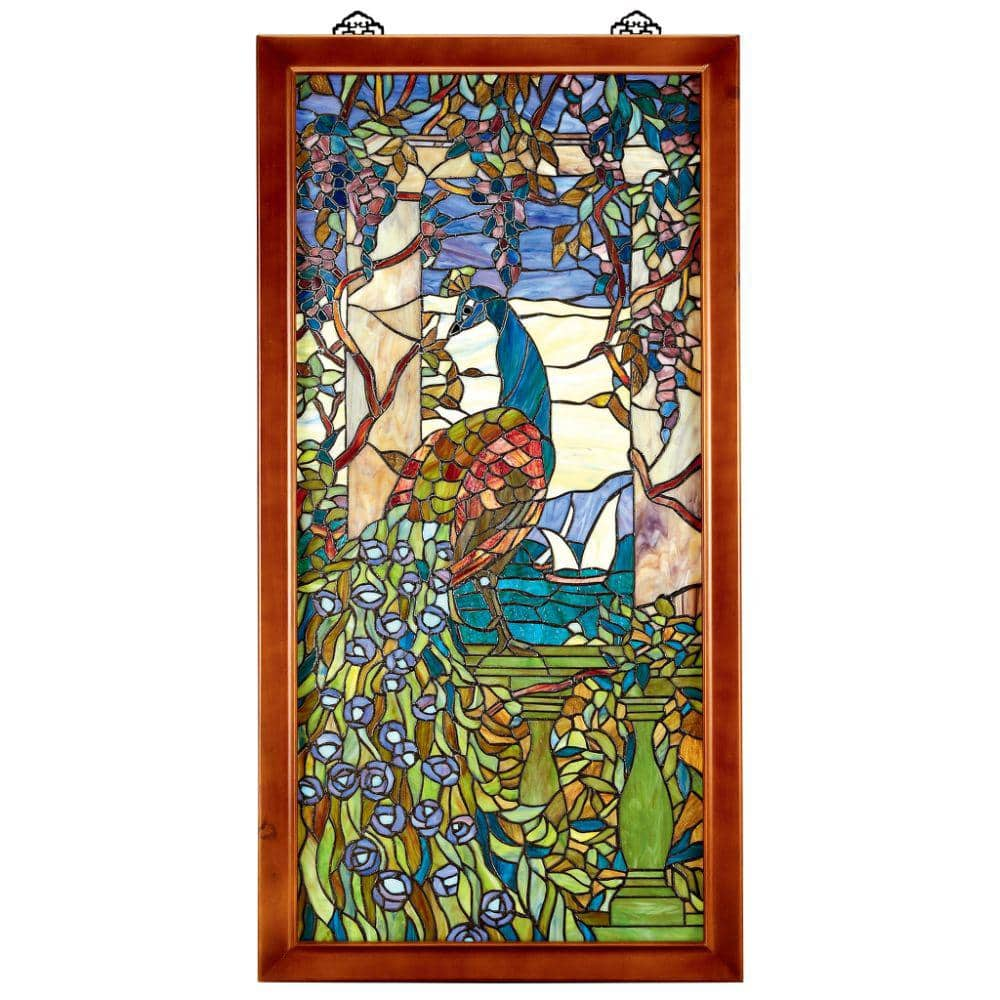 Design Toscano Peacock With Wisteria Wood-Framed Stained Glass Window Panel  TF10022 - The Home Depot