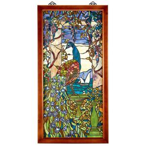 Peacock With Wisteria Wood-Framed Stained Glass Window Panel
