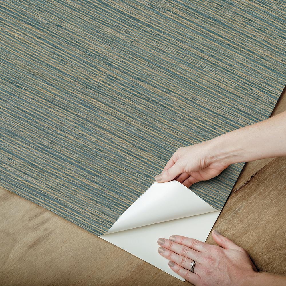 Teal and Gold Embossed Grasscloth Peel and Stick Wallpaper Roll