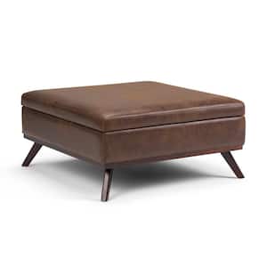 Owen 36 in. W Distressed Chestnut Brown Faux Air Leather Mid-Century Modern Square Table Ottoman