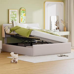 Beige Wood Frame Full Size Linen Sleigh Bed with Side-Tilt Hydraulic Storage System
