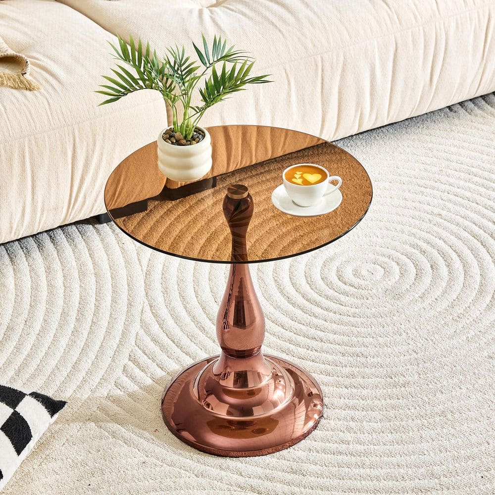 19.6 in. W Brown Round Tempered Glass Top Coffee Table with Rose Gold Metal Base