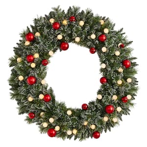 4 ft. Oversized Pre-Lit Frosted Holiday Christmas Artificial Wreath with Ornaments and 40 LED Globe Lights