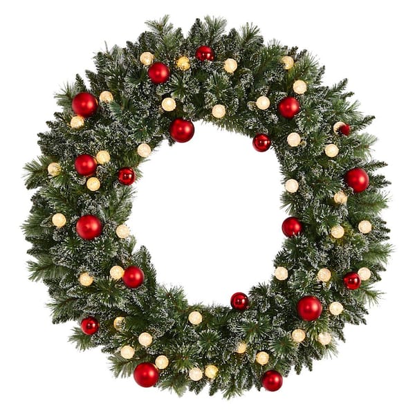 Nearly Natural 4 ft. Oversized Pre-Lit Frosted Holiday Christmas Artificial Wreath with Ornaments and 40 LED Globe Lights