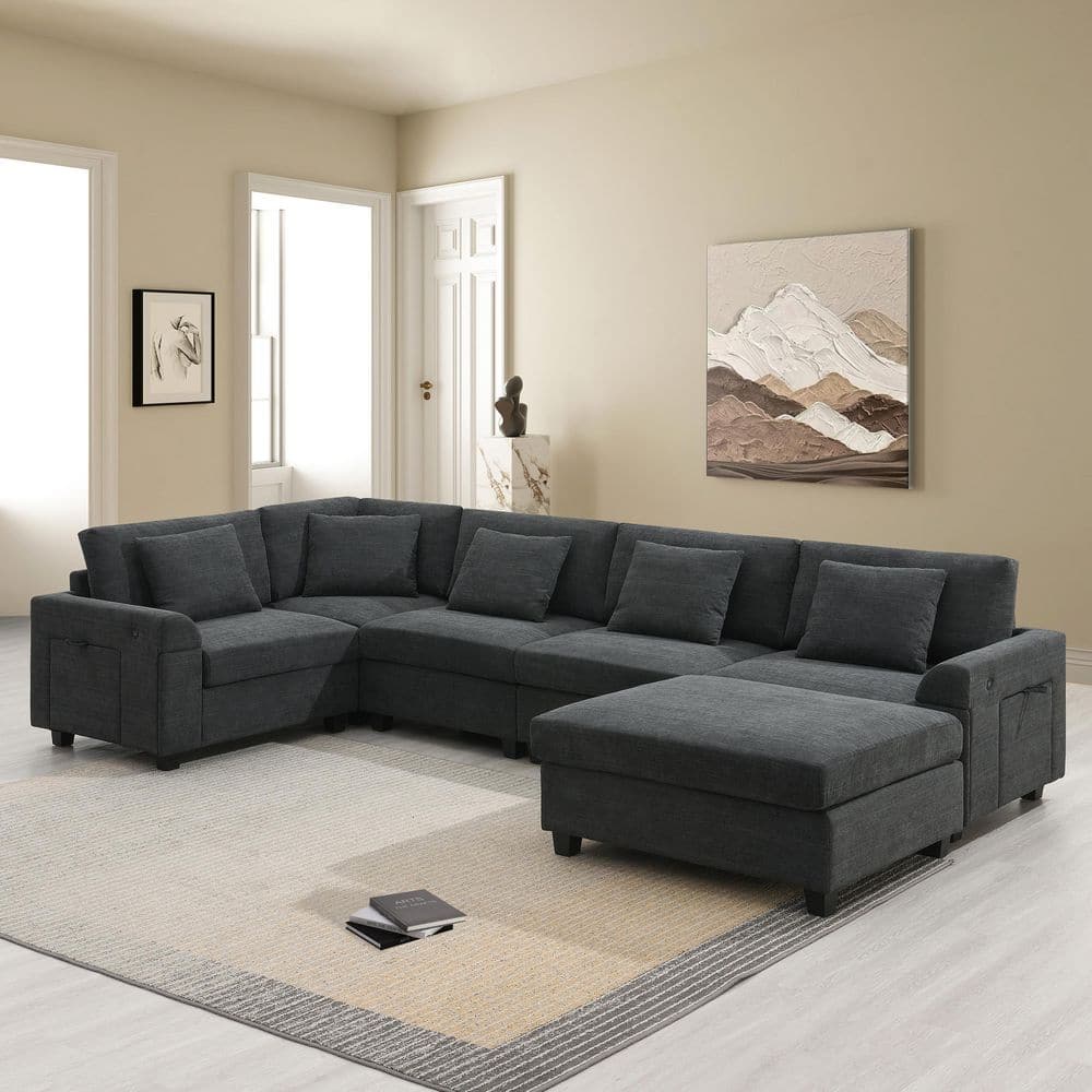 128 in. Chenille Modular 6-Seat Sectional Sofa in. Black with Ottoman, Armr
