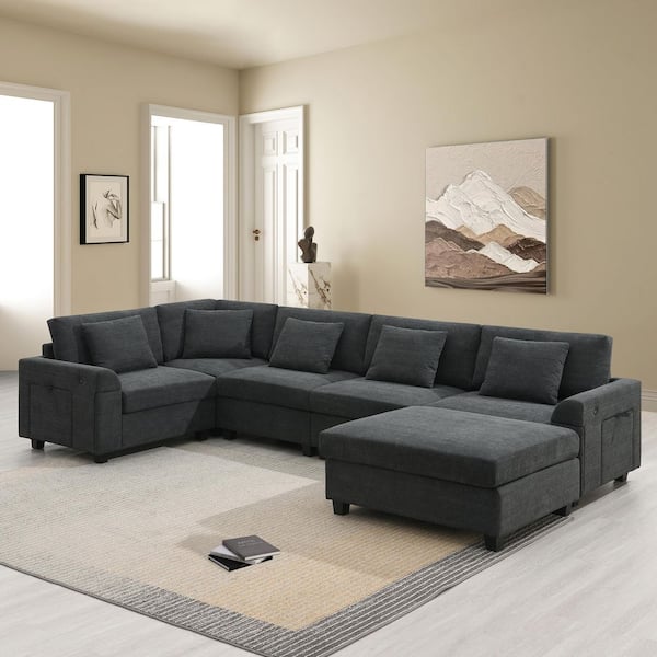 128 in. Chenille Modular 6-Seat Sectional Sofa in. Black with Ottoman, Armrest Storage, Cup Holders, USB Charging Ports