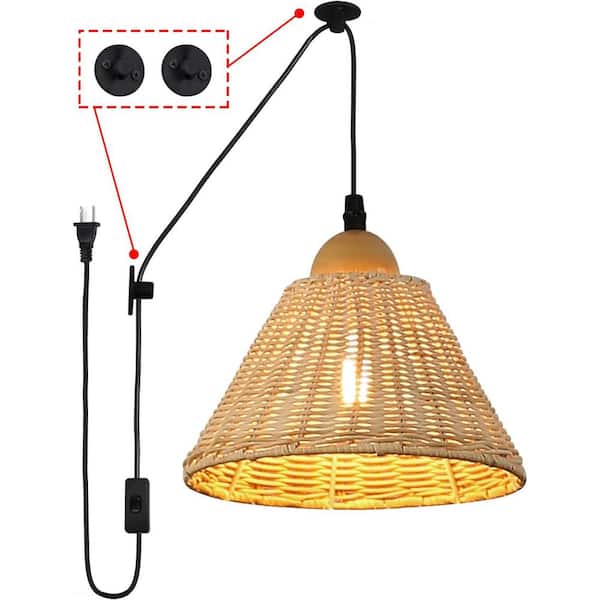 Zompoo Industrial 8.7 in. 1 Light Plug in Bamboo Shade Chandelier Pendant Light with 2 Bases and Switch, Adjustable Height