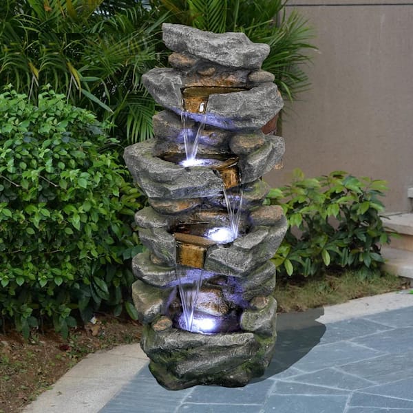 Casainc 40 In H 4 Tier Stacked Simulated Cascading Rock Water Fountain With Led Lights Wf Gpf190027 The Home Depot - Garden Oasis Rock Waterfall Fountain