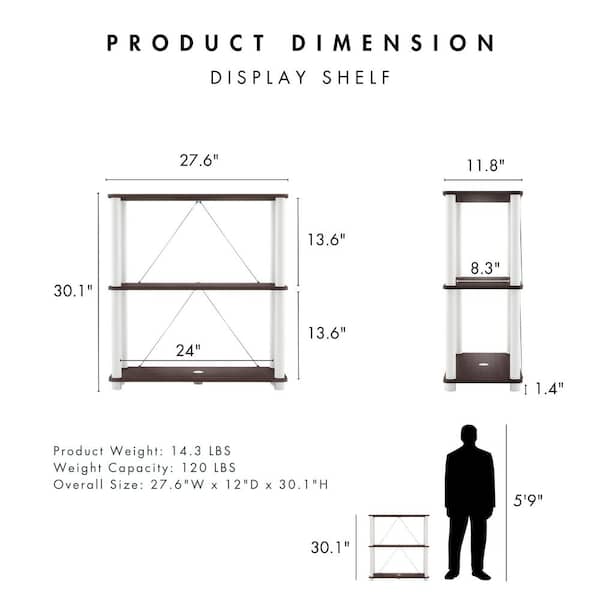 Quincy 30.1 in. Tall Espresso Engineered Wood Wide 3-Shelf Modular Bookcase With Support Rods