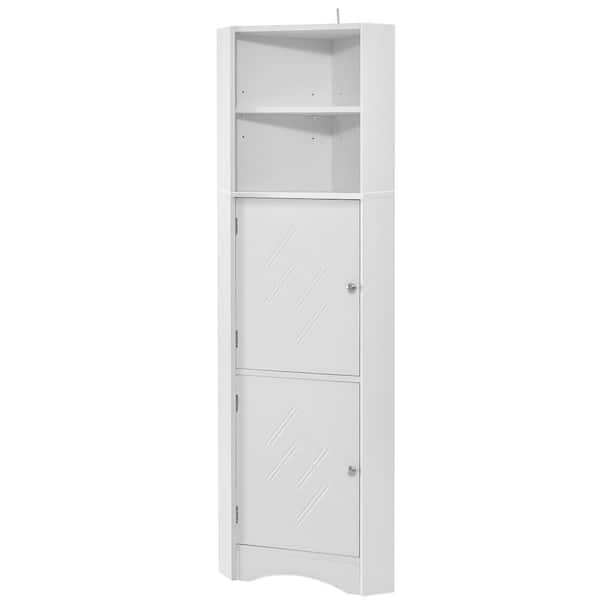 21.1 in. W x 12.8 in. D x 61 in. H White Wood Freestanding Corner Linen Cabinet with Doors and Adjustable Shelves