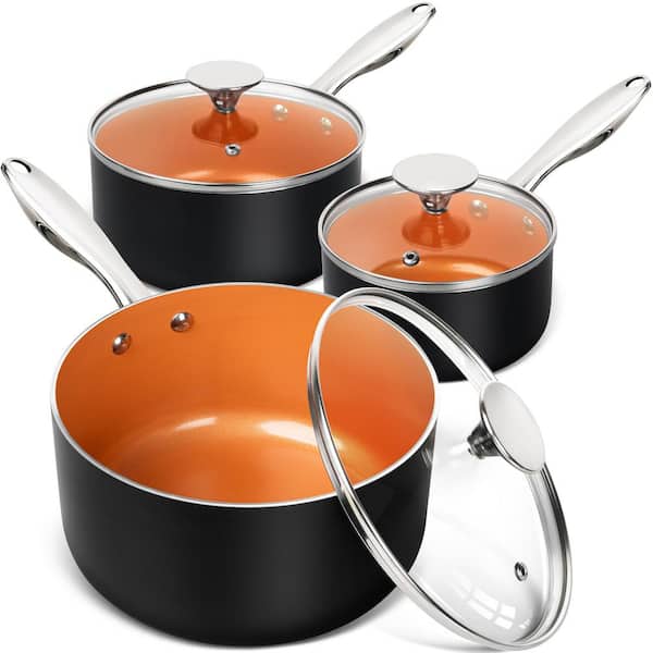 3-Piece Aluminum Non-Stick Sauce Pan Set with Lids, 1 Qt. 2 Qt. and 3 Qt. Small Ceramic Saucepans