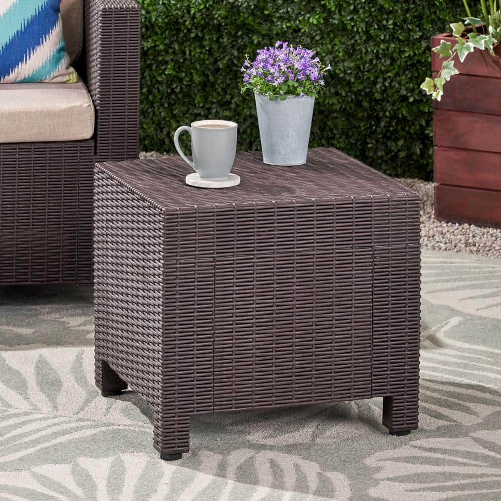 Noble House Waverly 17 in. Dark Brown Square Faux Wicker Outdoor Side