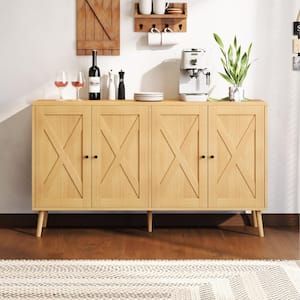 Brown Wood 55.11 in. Buffet Sideboard Cabinet with 4-Doors, Wall Side Cabinet, Living Room Dining Side Cabinet