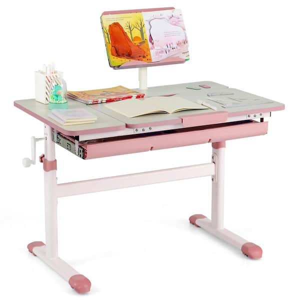 Costway Adjustable Height Kids Study Desk Drafting Table w/Bookshelf&Hutch  Pink