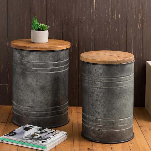 Glitzhome Galvanized Metal Storage Stool with Solid Wood Seat (Set of 2)