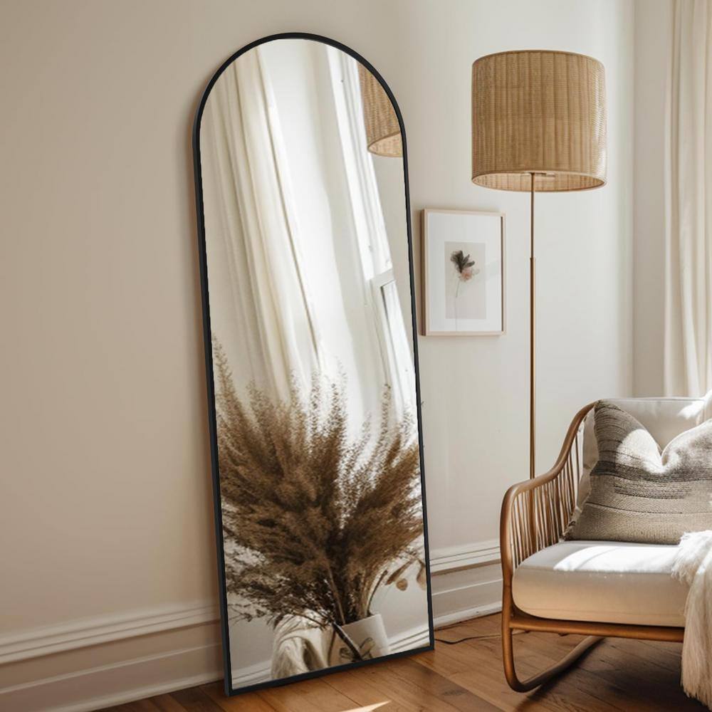 Black 20 in. W x 63 in. H Metal Arch Stand Full Length Mirror