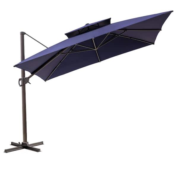 HomeRoots 11 ft. Navy Blue Polyester Round Tilt Cantilever Patio Umbrella with Stand