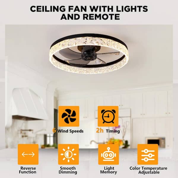 20 in. Black Crystal Enclosed Flush Mount Ceiling Fan with Dimmable LED Lights and Remote Control