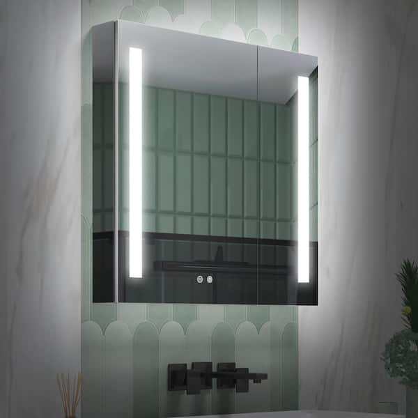 FORCLOVER 30 in. W x 30 in. H Rectangular Silver Aluminum Surface Mount Dimmable LED Medicine Cabinet with Mirror