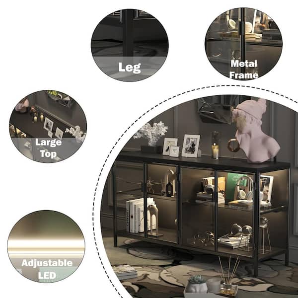 FUFU&GAGA Black Wood 55.1 in. W Glass Door Display Cabinets FUFU&GAGA Black Wood 55.1 in. W Glass Door Display Cabinets