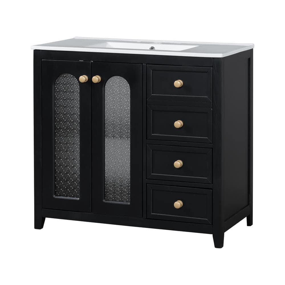 FAMYYT 36 in. Single Sink Freestanding Black Bath Vanity with White ...