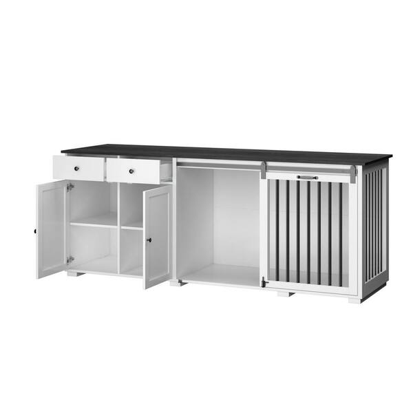 FUFU&GAGA Modern Large Wooden Dog Kennel Furniture Storage Cabinet, Pet Dog Cage with 2 Drawers and Sliding Door for Dogs, White