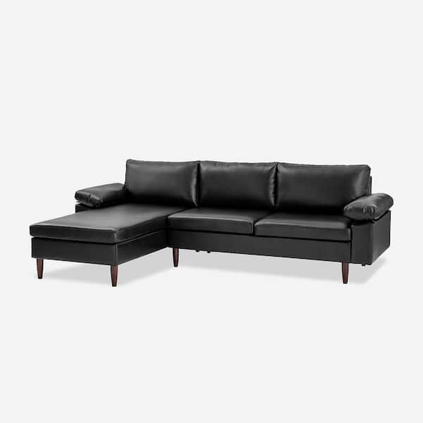 JAYDEN CREATION Chrissie 109 in. W Vegan Leather Mid-Century Sectional Sofa in Black with Solid Wood Legs