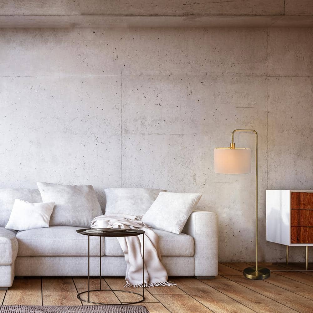 58" Brass Floor Lamp with White Linen Drum Shade