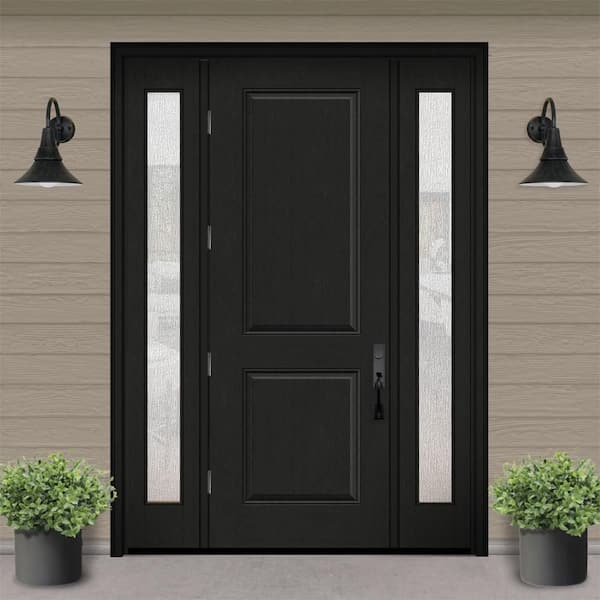 Regency 64 in. x 96 in. 2P Squaretop RHOS Onyx Stain Mahogany Fiberglass Prehung Front Door with Rain12 in. SLs 6-9/16