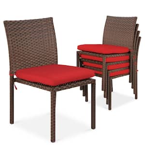 Stackable Wicker Outdoor Dining Chair with Red Cushions (4-Pack)