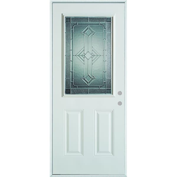 Stanley Doors 32 in. x 80 in. Neo-Deco Zinc Full Lite Painted White Left-Hand Inswing Steel Prehung Front Door, Prefinished White/Zinc Glass Caming