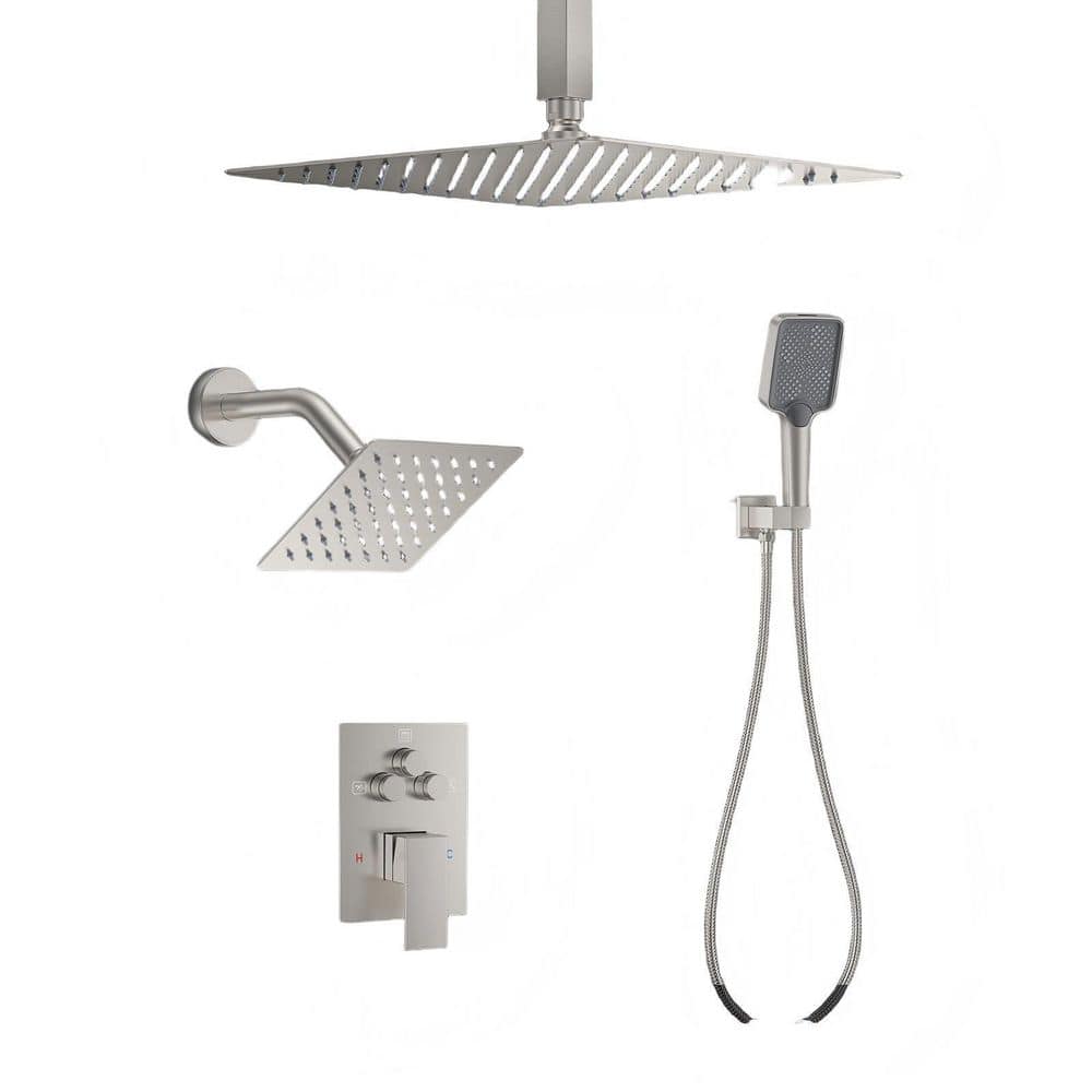 12 in. Ceiling Mount Rainfall Shower System with 2 Rain Shower Head, Multi-function Handheld Head, Brushed Nickel