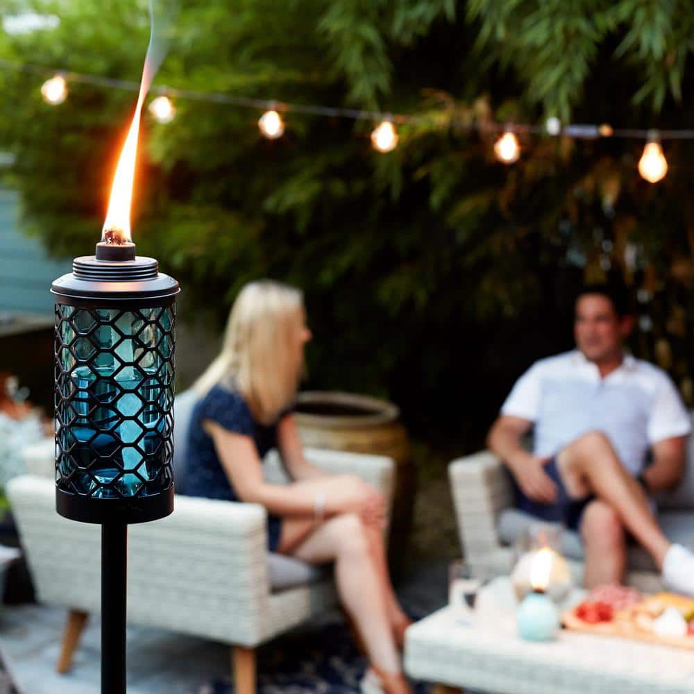 Blue Honeycomb Glass and Metal Outdoor Torch, 65 Inch