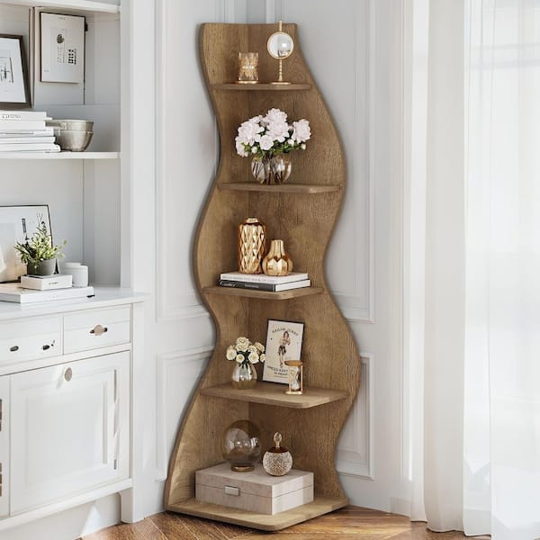 70 in. Tall Brown Wood 5-Shelf Corner Bookcase with Ample Storage and Space-Saving Design for Living Room, Office