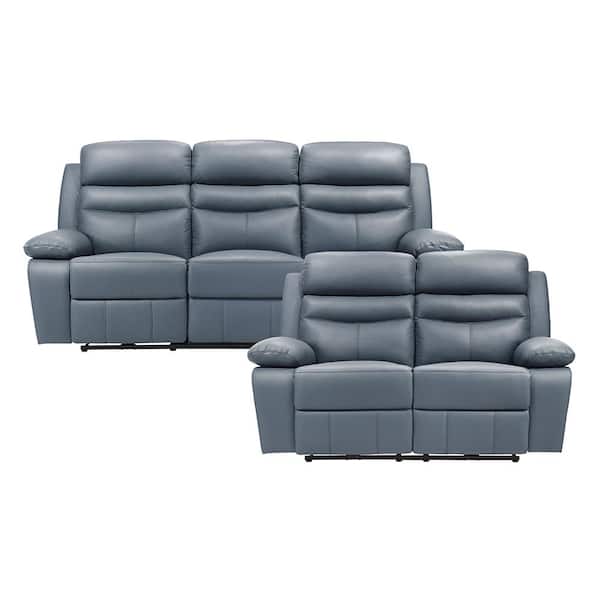 Edelia 86.5 in. W. Pillow Top Arm Leather Rectangle 2-Piece Power Reclining Sofa Set in Blue