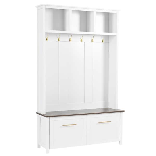 Versatile 4 in 1-Hall Tree with 6-Golden Hooks, Brown Wood Grain Bench with Multiple Storage Space, 2-Drawers, White