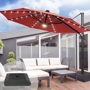 11 ft. Solar LED Round Aluminum Cantilever Outdoor Umbrellas with Base Stand in Red