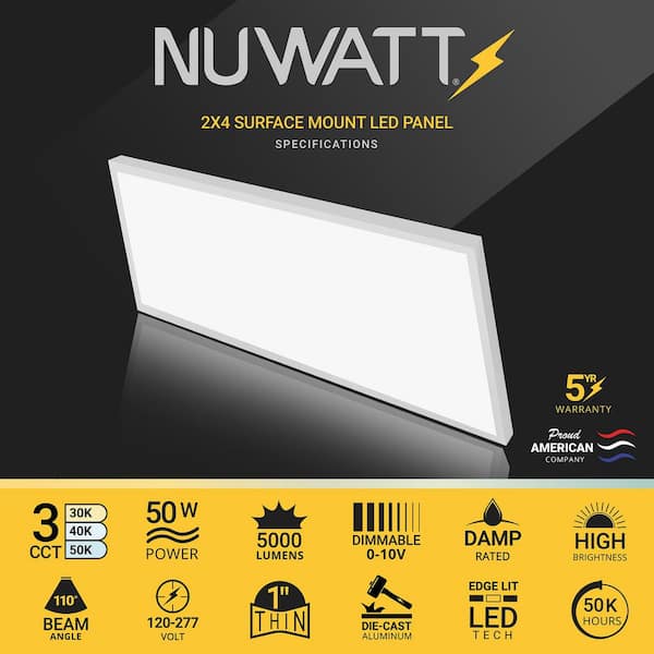 2 ft. x 4 ft. Surface Mount Integrated LED Panel, 120-277V, 3CCT 3000K-5000K Selectable, 0-10V Dimmable, 5000 LM, 2 Pack