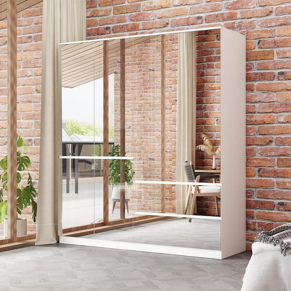 White High Gloss Mirrored Doors 63 in. W Big Wardrobe Combo Armoires W/Mirror Doors, Hanging Rods 70.9 in. H