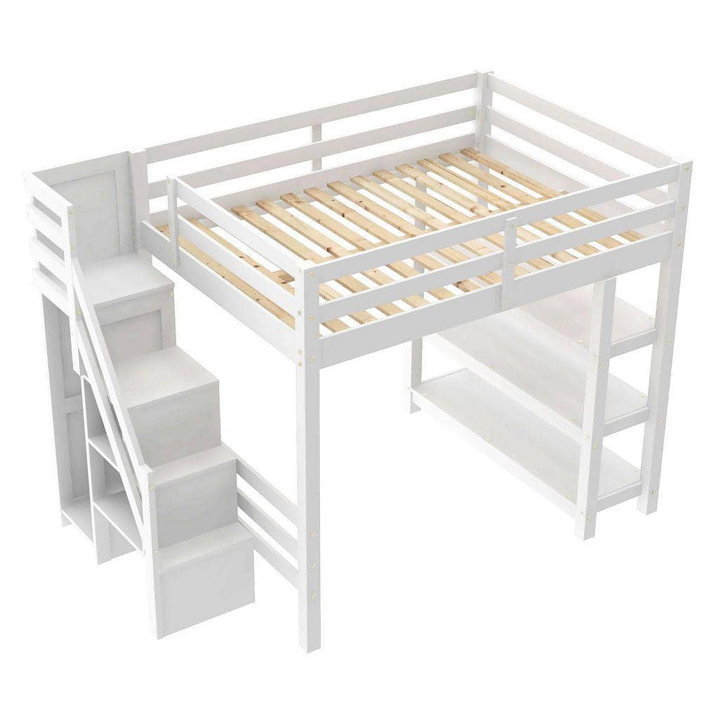 Nestfair White Full Size Wood Loft Bed with Storage Staircase, Shelves ...