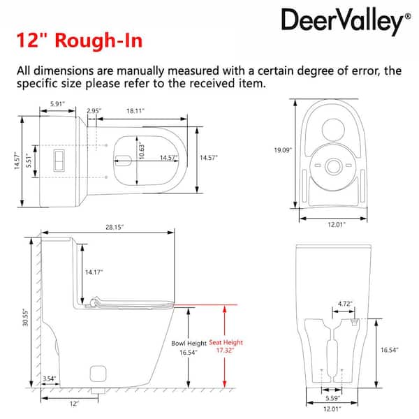 12 in. Rough-In 1-Piece 0.8/1.2 GPF Dual Flush Round Toilet in White, Seat Included 12 in. Rough-In 1-Piece 0.8/1.2 GPF Dual Flush Round Toilet in White, Seat Included