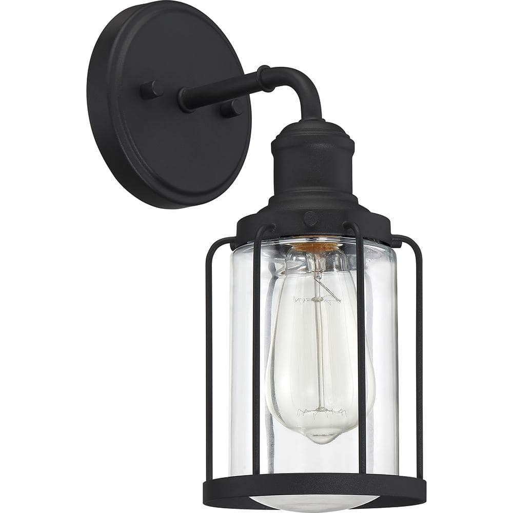 Dimmable Black Steel Cylinder Wall Sconce with Clear Glass Shade