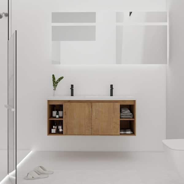 UPIKER Modern 48 in. W x 18.3 in. D x 20.5 in. H Double Sink Floating Bath Vanity in Imitative Oak with White Acrylic Top
