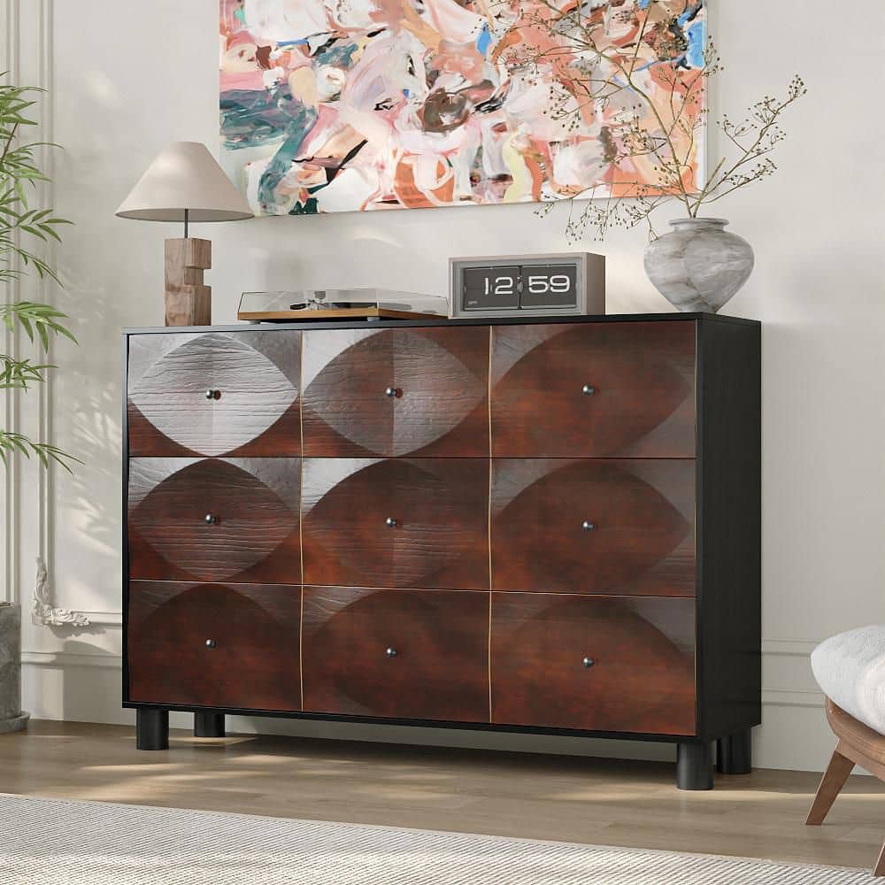 FUFU&GAGA Walnut 9-Drawer 59 in. W Chest of Drawers, Storage