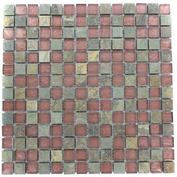 Splashback Tile Tectonic Squares Multicolor Slate and Rust 12 in. x 12 in. x 8 mm Glass Mosaic Floor and Wall Tile