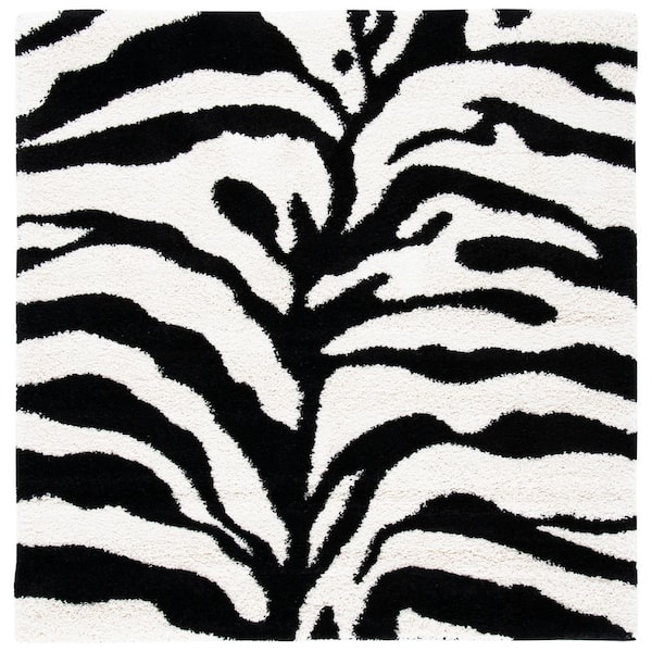 Florida Shag 8 ft. x 8 ft. Square Ivory/Black Animal Striped Area Rug